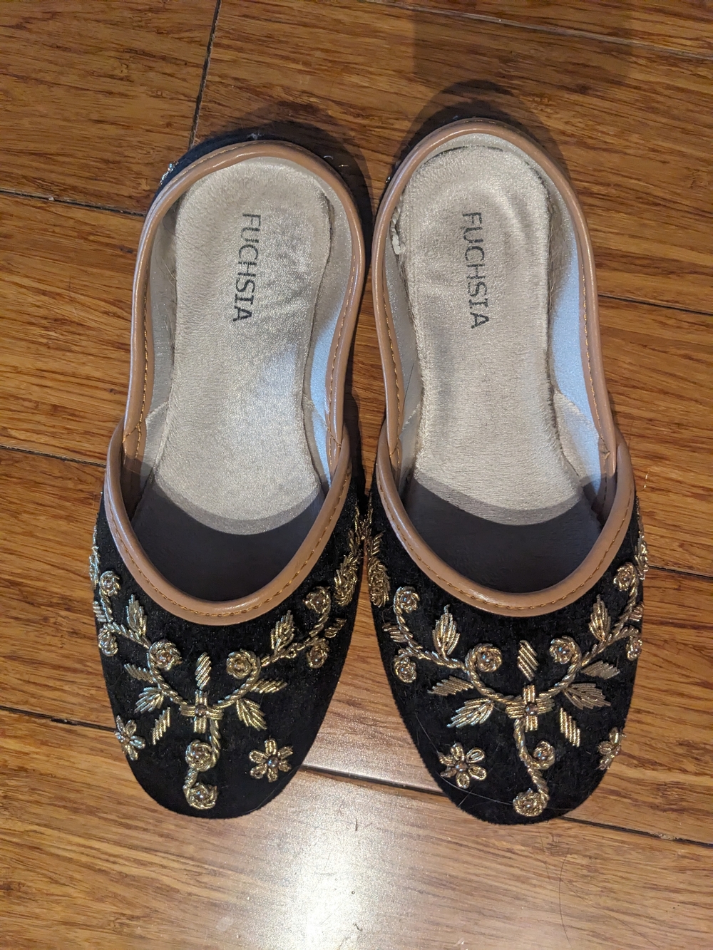 Fuchsia Women's Black Embroidered Slip-On Flats with Gold Detail